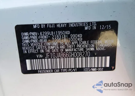 2016 Subaru Impreza 2.0I Premium из США, поврежденный, VIN JF1GJAB66GH008270